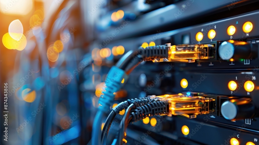 Poster advanced network switches and data transfer technology in a contemporary server room setup