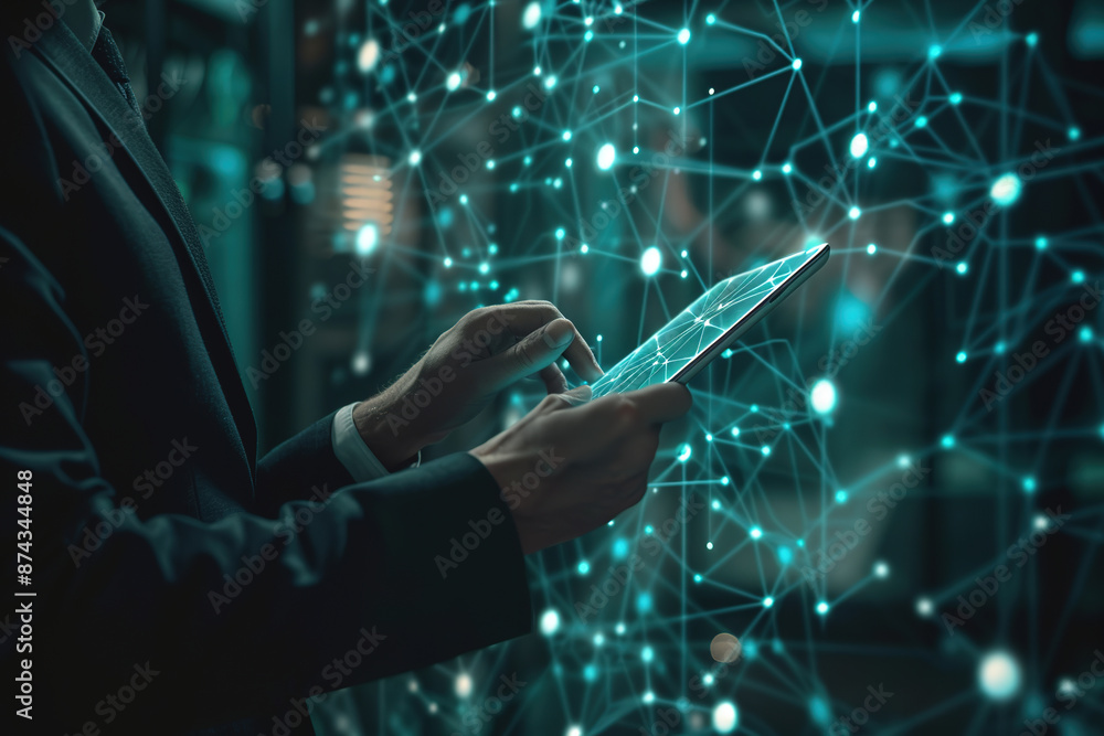 Poster Man with tablet connecting with futuristic network interface.