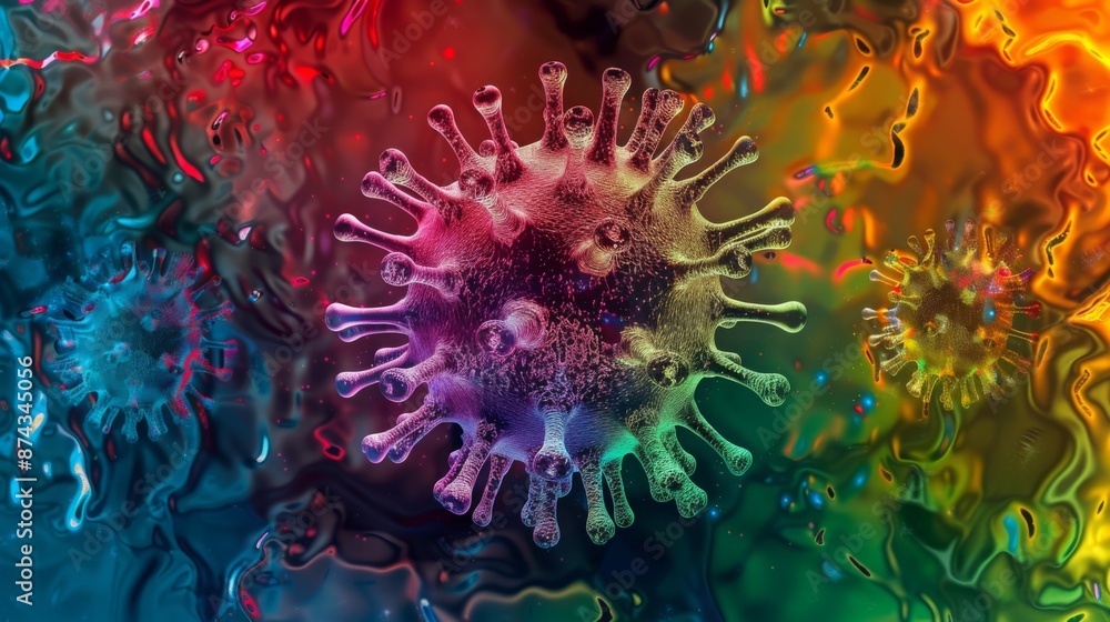 Poster a detailed 3d rendering of a virus particle, with a rainbow-like color scheme and a blurry, abstract