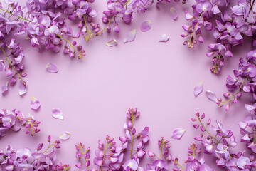 Cornice di fiori di glicine su sfondo lilla