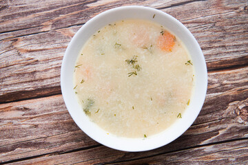 Flat lay photo showing delicious dill soup. traditional Polish cuisine