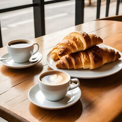 A cafe table with coffee and croissant in a warm environment