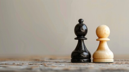 Black and white chess pawns on board against neutral background