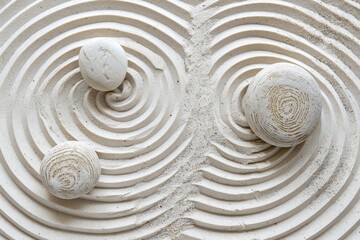 Naklejka premium Tranquil zen rock garden with circular patterns in white sand, top view for serene reflection