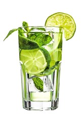 Bright mojito cocktail with lime and mint in glass
