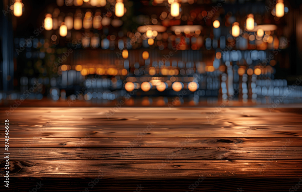 Poster empty wooden table top with blurred bar background for product display presentation in restaurant or
