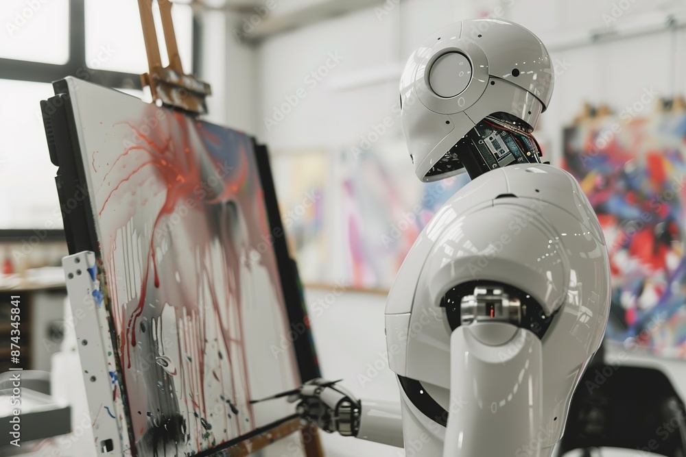 Poster robot artist creating abstract painting in modern studio.