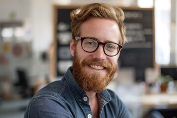 Obraz premium Smiling bearded man with glasses in casual denim shirt.