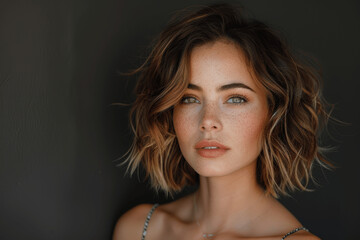 Naklejka premium Trendy Hairstyle Transformation: Stylish Bob Cut for Modern Women