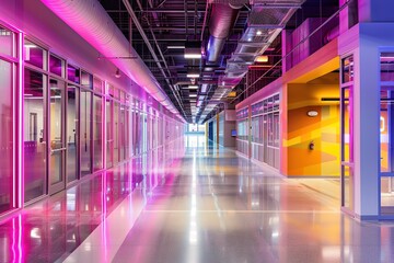 Fototapeta premium Modern office corridor with vibrant colors and reflective floor.
