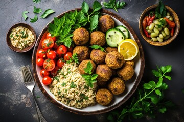 A platter of couscous and a bowl of falafel top table