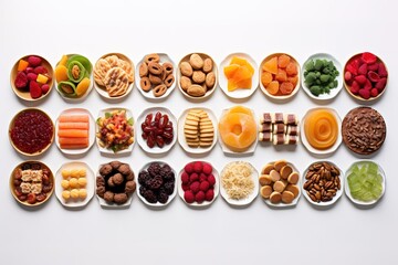 A row of sweets and foods in a white background
