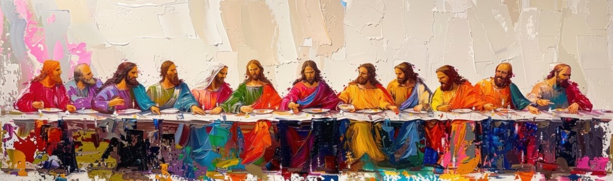 Naklejki Colorful painting of Jesus and his disciples enjoying a meal together at a table