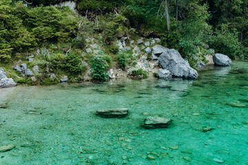 Lake with mountains in the background in the Bavarian foothills of the Alps