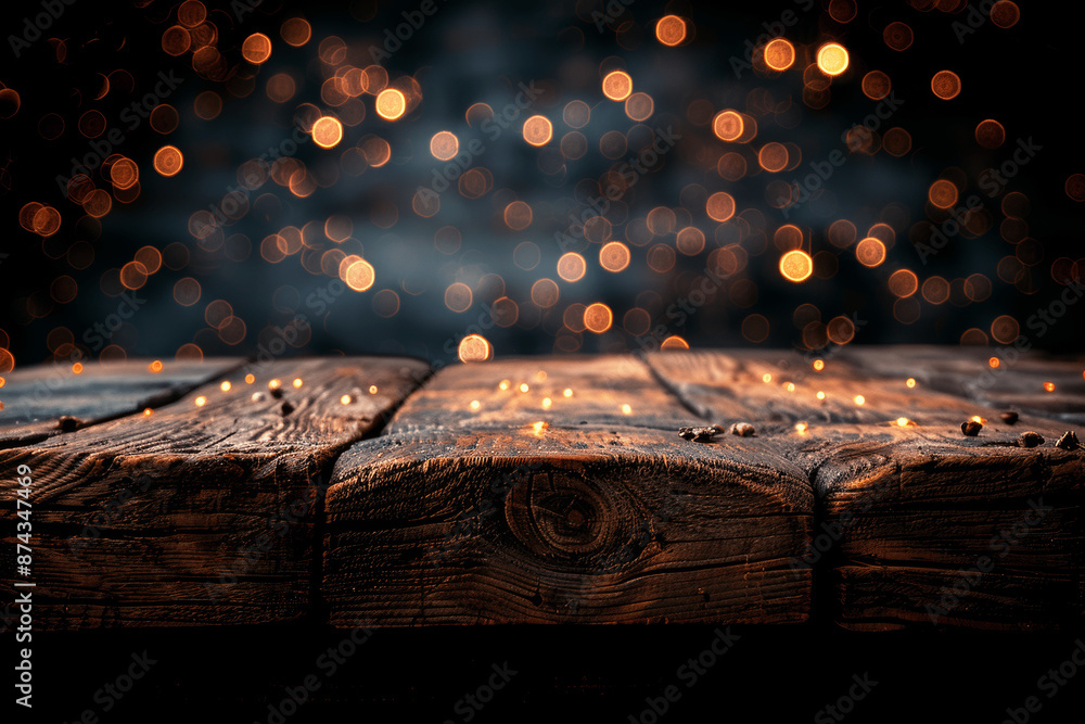 Poster empty wooden table top with blurred lights background for product display presentation bokeh abstrac