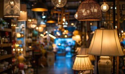 Nel reparto lampade, con uno sfondo sfocato del negozio, si trovano eleganti e varie opzioni luminose.