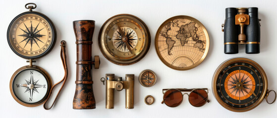 Various antique compasses, binoculars and a world map, binoculars, glasses on a white background collection set, design elements, Top view, flat lay. © byerenyerli