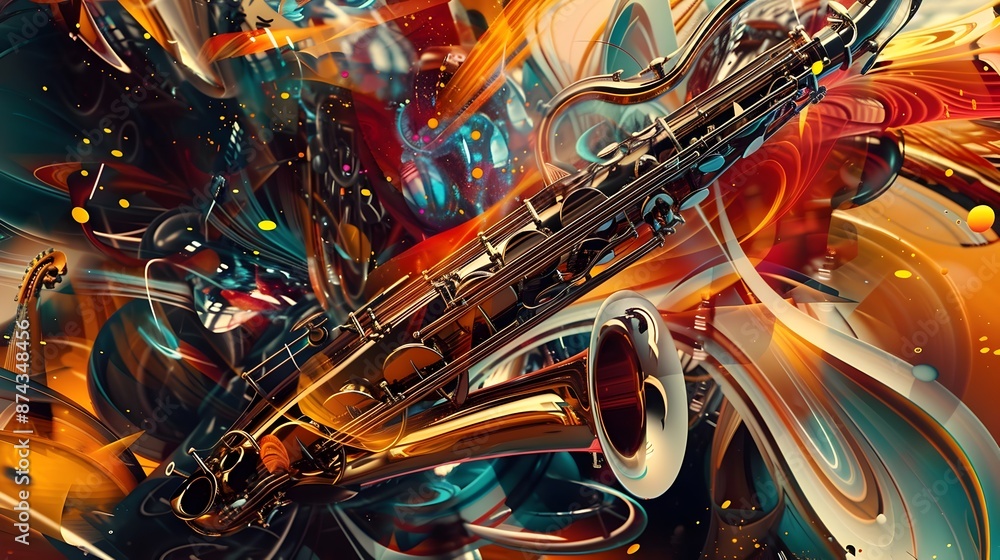 Poster harmonious fusion of abstract musical instruments in vibrant