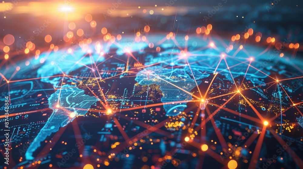 Poster illuminated global data transfer network with glowing lines and digital connections