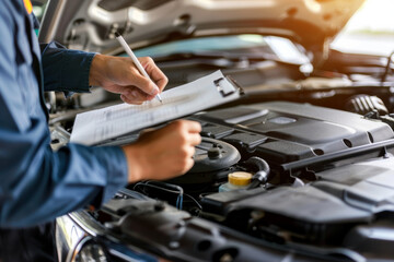 A mechanic is writing on a clipboard next to a car engine