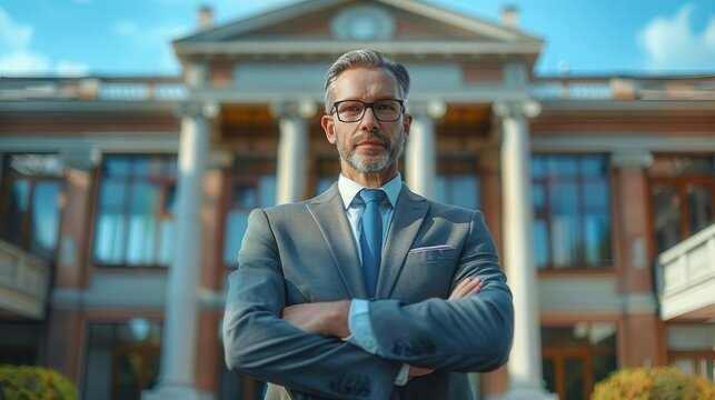 Headmaster of the school standing proudly in front of the main entrance, leadership concept, focus on, education theme, realistic, fusion, school building backdrop