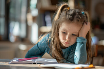 A young girl is sitting at a table with a book open in front of her