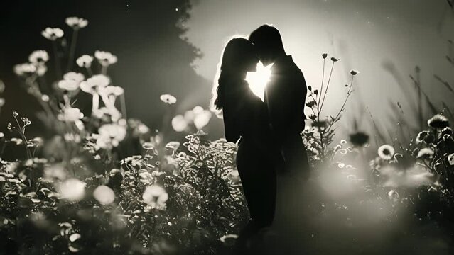 A backlit photograph capturing the shadows of two lovers embracing in a field of wildflowers. Black and white art