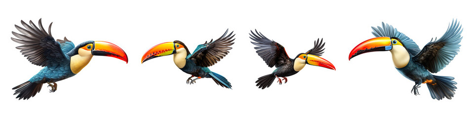 Collection set of flying toucan birds isolated on transparent background