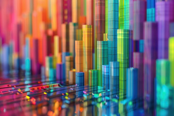 Obraz premium Bar charts with many colors going up and down for stock market investment or bright colorful banking charts