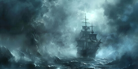 Fototapeta premium Haunted Pirate Ship Braving the Stormy Seas with Thunderous Sky , Ghost Ship Navigating Through Rough Waters Under Dark, Stormy Sky
