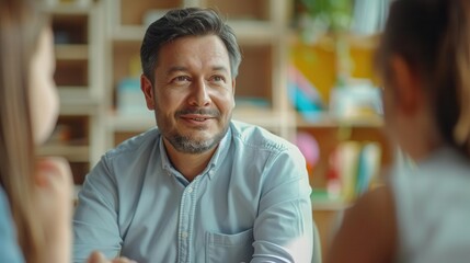 School director in a meeting with parents, communication concept, focus on, parental engagement theme, realistic, fusion, meeting room backdrop