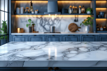 Modern Blue and White Kitchen with Marble Countertop for Product Display, Blurred Background, Clean and Contemporary Interior Design