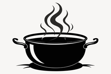 Broth in a cast iron pot with smoke silhouette black vector illustration