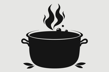 Broth in a cast iron pot with smoke silhouette black vector illustration