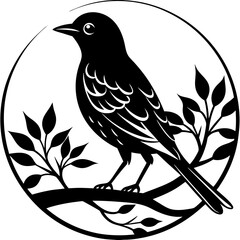 Bird silhouette on sunset branch vector illustration.