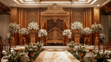 Fototapeta premium Intricate wooden carvings and delicate white flowers adorn a traditional wedding ceremony setup, creating a stunning and elegant ambiance.