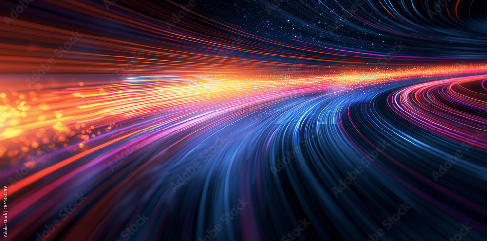 Poster high speed blue and orange light trails in dark background representing futuristic digital communica