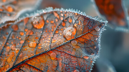 Macro Frosted Autumn Leaf with Dew Drops