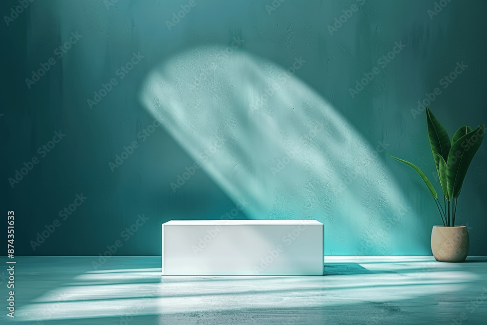 Poster minimal geometric white box on teal surface with abstract shadows and soft studio lighting