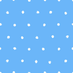 Vector dots pattern. Seamless blue and white brush stroke background. Polka dot print with distress texture. Painted ornament for kids. Childish design