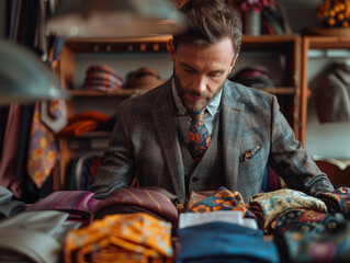 Fototapeta premium A man is sitting in front of a rack of ties, looking at them