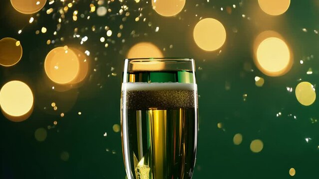 A glass of festive drink champagne with bubbles and splashes, with golden bokeh lights in background. New Year or Christmas drink close-up, suitable for celebrations