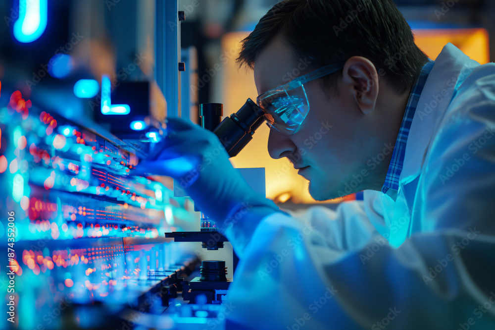 Poster scientist wearing protective glasses and gloves using a microscope, analyzing microchips in a labora