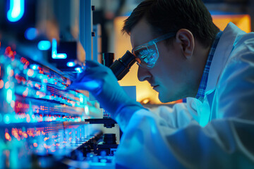 Scientist wearing protective glasses and gloves using a microscope, analyzing microchips in a laboratory with modern equipment