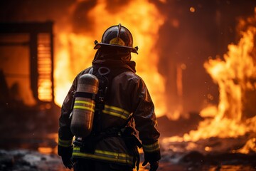 fireman with fire flame in an emergency situation in background., under danger situation all firemen wearing fire fighter suit for safety
