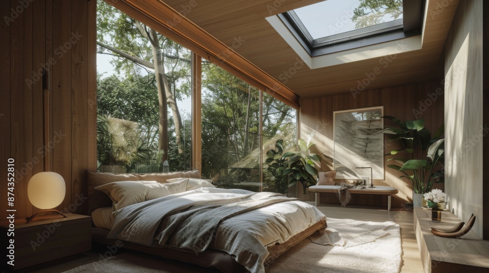 Poster a spacious bedroom with large windows overlooking a lush forest. sunlight streams through the skylig