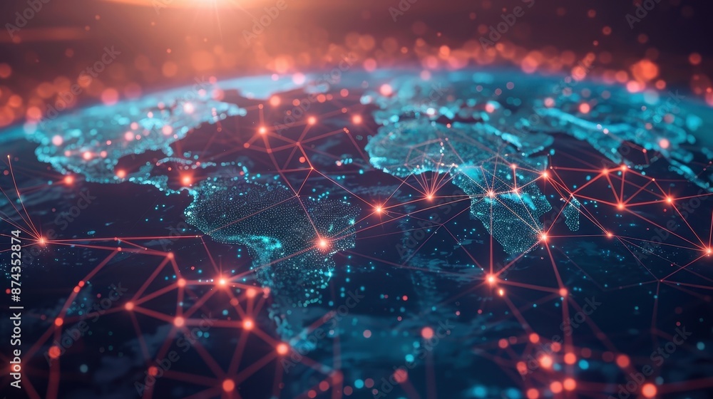 Poster connected world: global connectivity concept with digital map and network connections