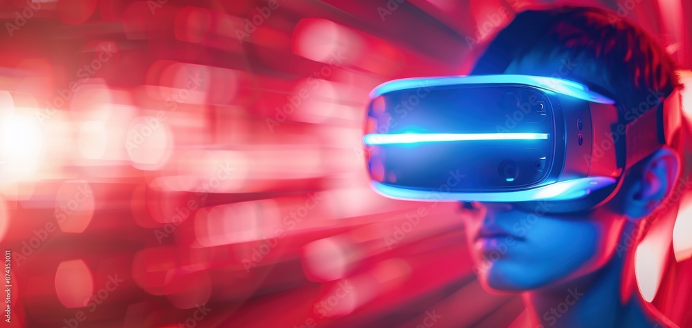 Poster a man is wearing a virtual reality headset and looking at a blurry background