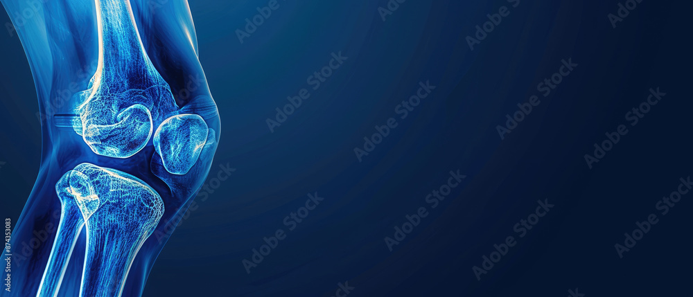 Poster a blue background with a knee on it. the knee is shown in a 3d view. the image is of a knee and the 