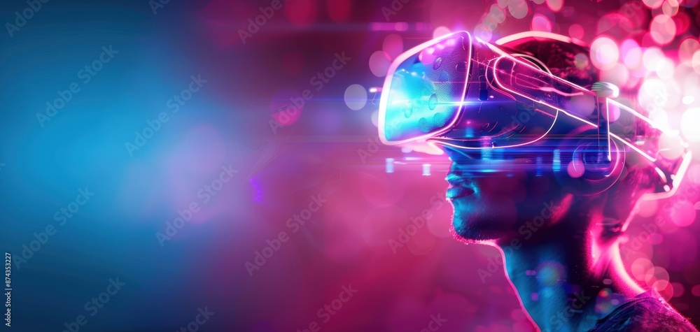 Poster a man is wearing a virtual reality headset and looking at the camera